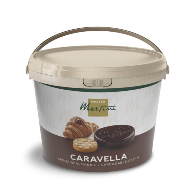 Secchiello beige di crema spalmabile al cioccolato Master Martini Caravella, con croissant e biscotti in etichetta.