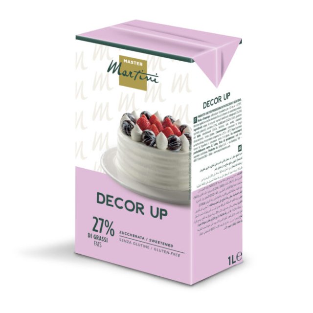 Panna vegetale zuccherata Master Martini Decor Up 27% grassi, senza glutine, confezione 1L rosa con torta