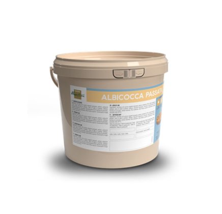 Secchio di plastica beige con etichetta "Albicocca Passata" e testo informativo sul prodotto.