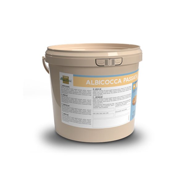 Secchio di plastica beige con etichetta "Albicocca Passata" e testo informativo sul prodotto.