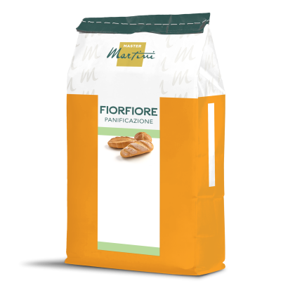 Sacco arancione e bianco di farina Master Martini Fiorfiore Panificazione con immagini di baguette