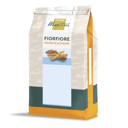 Sacchetto di mix per pane Master Martini Fiorfiore Panificazione, confezione beige con base arancione e immagini di p...