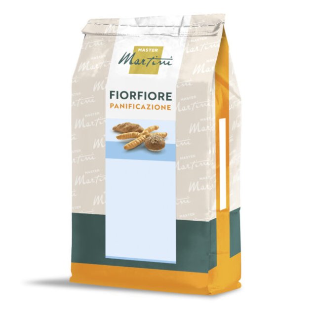 Sacchetto di mix per pane Master Martini Fiorfiore Panificazione, confezione beige con base arancione e immagini di p...