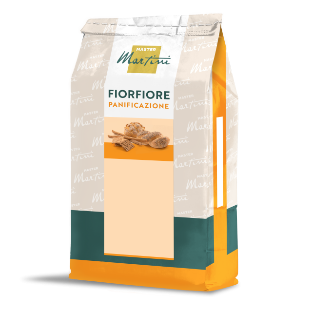 Sacco di farina Master Martini Fiorfiore Panificazione con illustrazione di panini su confezione beige, arancione e v...
