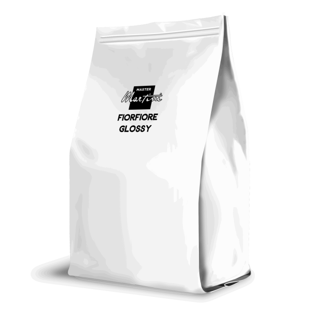 Busta bianca in piedi con logo nero Master Martini, etichetta "Fiorfiore Glossy", zip richiudibile.