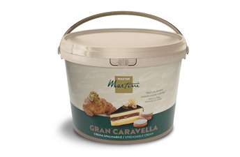 Secchiello beige di crema spalmabile Master Martini Gran Caravella con croissant e torta a strati in etichetta.
