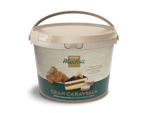 Secchiello beige di crema spalmabile Master Martini Gran Caravella, con croissant e torta a strati in etichetta