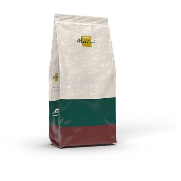 Busta stand-up della miscela di caffè Master Martini, top bianco, base verde e bordeaux.