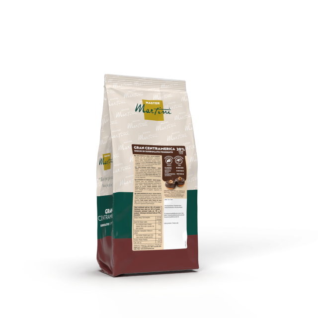 Busta stand-up di dischi di cioccolato fondente Master Martini Gran Centramerica 20%, confezione crema, verde e borde...