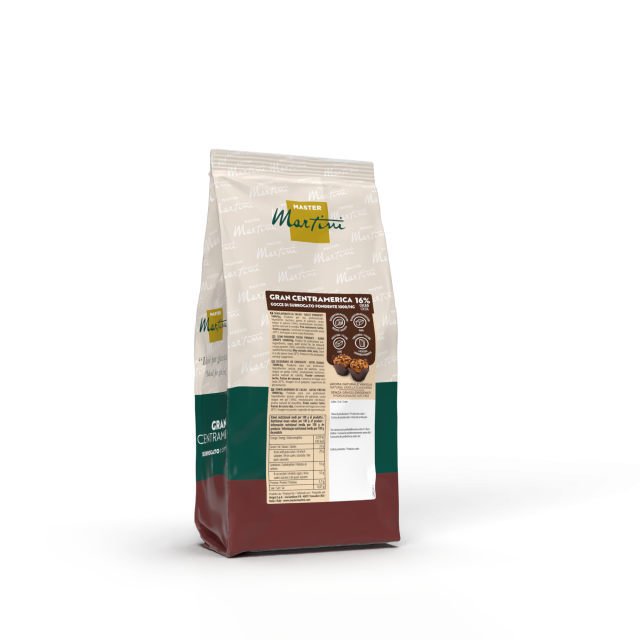 Busta stand-up Master Martini Gran Centramerica, gocce di cioccolato fondente 16%, confezione crema, verde e bordeaux.