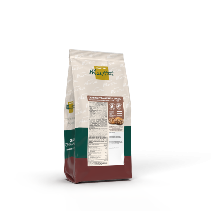 Busta stand-up Master Martini Gran Centramerica, dischi di cioccolato al latte 19,5%, packaging crema, verde e bordeaux.