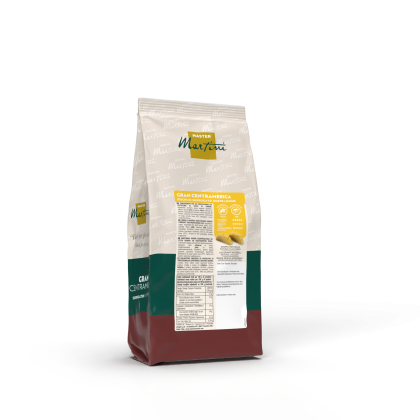 Busta richiudibile di caffè Master Martini Gran Centramerica, top color crema, base verde scuro e bordeaux.