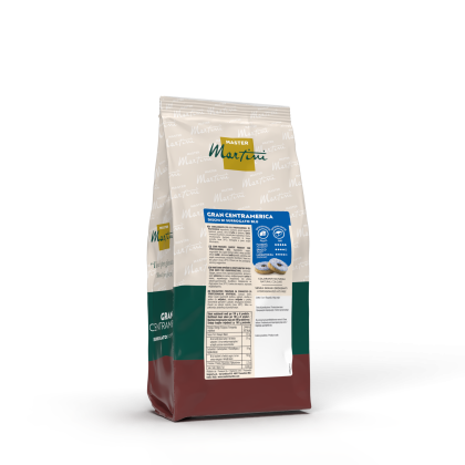 Sacchetto di caffè Master Martini Gran Centramerica, confezione beige, verde e bordeaux con etichetta nutrizionale