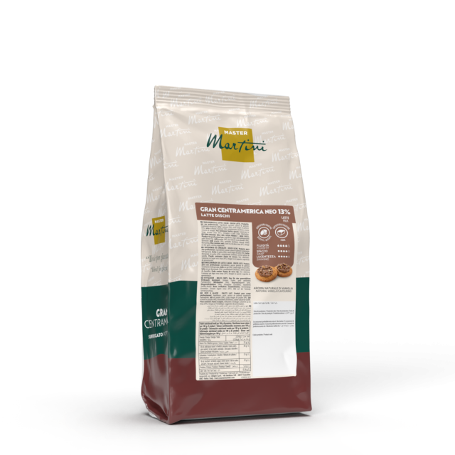 Dischi di cioccolato al latte Master Martini Gran Centramerica Neo 13%, confezione crema, verde e marrone.