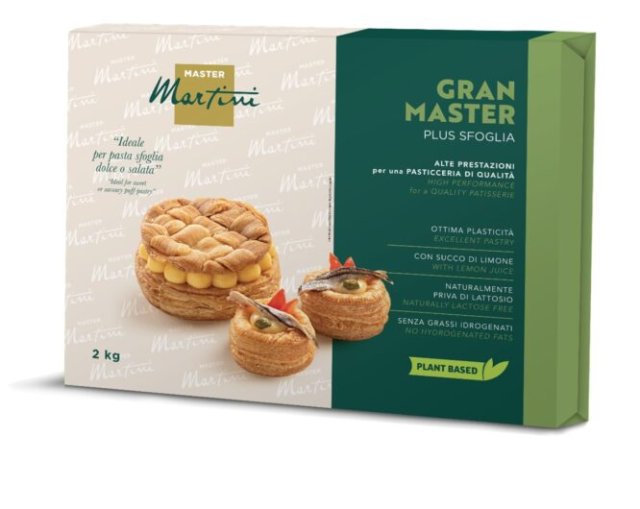 Confezione Master Martini Gran Master Plus Sfoglia 2kg con foto di bignè e tartelletta salata.