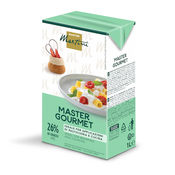 Confezione da 1L di panna Master Martini Master Gourmet, 26% grassi, senza glutine, per pasticceria e cucina.