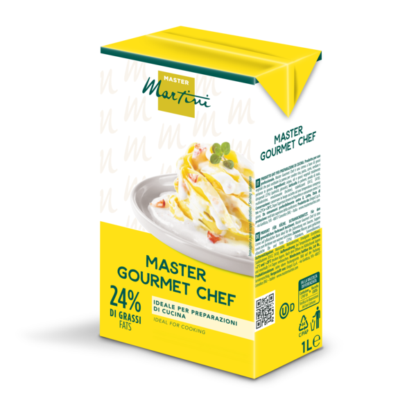 Confezione gialla da 1L di panna da cucina Master Martini Gourmet Chef, 24% grassi, etichetta con piatto di pasta.