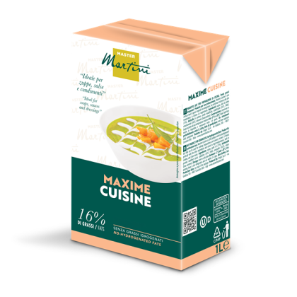 Confezione da 1L di panna da cucina Master Martini Maxime Cuisine, 16% grassi, etichetta con ciotola di zuppa verde.