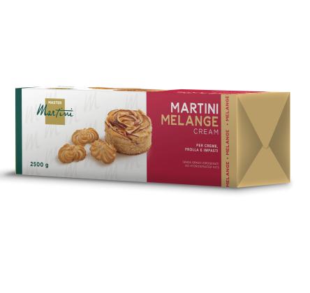 Confezione di Master Martini Crema Melange, 2500g, con pasticceria e frollini raffigurati sulla confezione.
