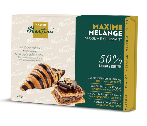Confezione da 2kg Master Martini Maxime Melange per croissant e sfoglia, 50% burro, con croissant al cioccolato