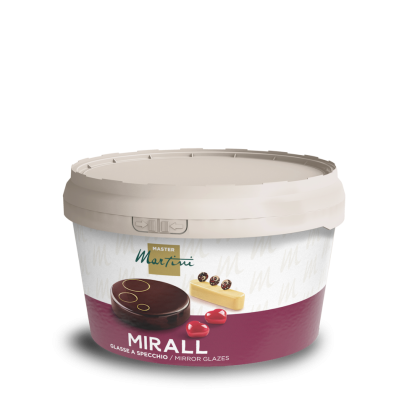Secchiello di glassa a specchio Master Martini Mirall con coperchio beige ed etichetta bordeaux con immagini di desse...