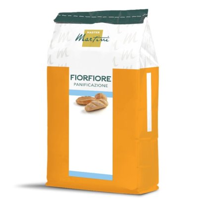 Sacco arancione e bianco di farina Master Martini FiorFiore Panificazione con panini in etichetta.