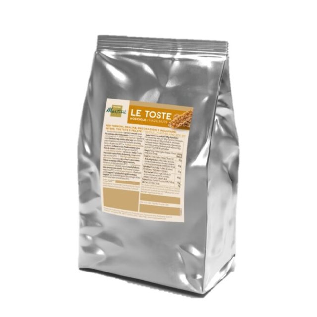 Busta salva-freschezza argento Martelli "Le Toste", nocciole intere pelate tostate, etichetta nutrizionale beige.