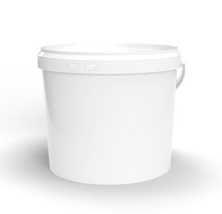 Secchio in plastica bianco con coperchio sigillato e manico pieghevole, su sfondo bianco.