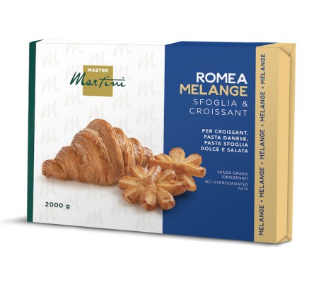 Confezione da 2000g di Master Martini Romea Melange, grasso per croissant, con croissant e pasta a stella.