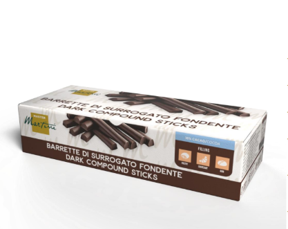 Confezione di barrette di surrogato al cioccolato fondente Master Martini, su sfondo bianco.