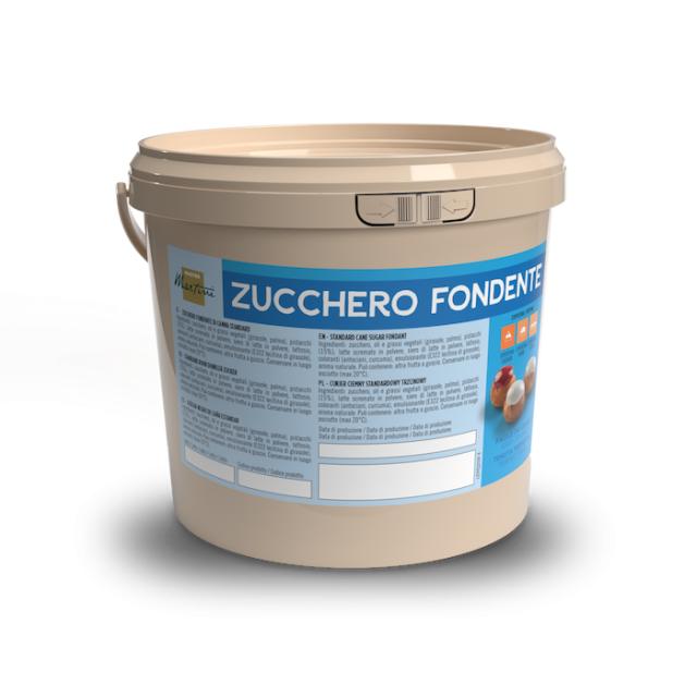 Secchio di plastica beige con etichetta blu e bianca "Zucchero Fondente", su sfondo bianco.