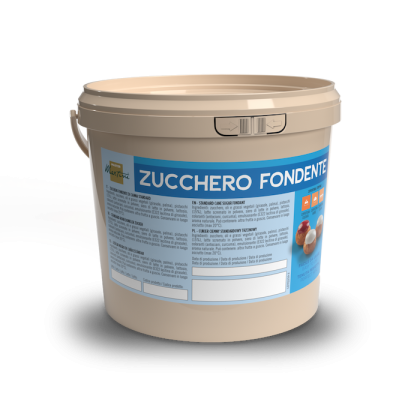 Secchio di plastica beige con etichetta blu e bianca "Zucchero Fondente", su sfondo bianco.
