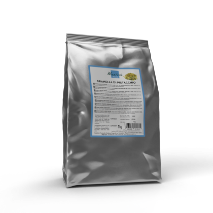 Busta argentata da 1 kg di Granella di Pistacchio Marfuli con etichetta blu, su sfondo bianco.