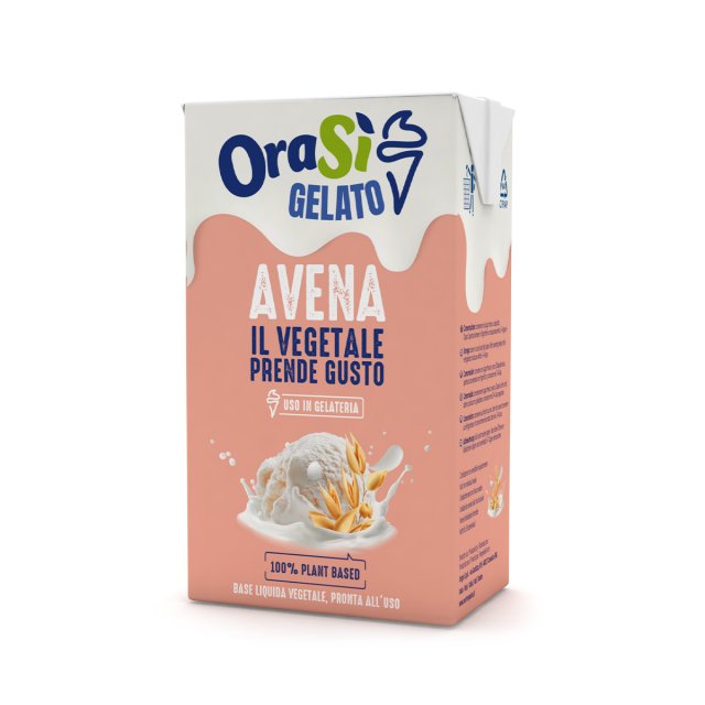 Cartone Tetra Pak di OraSì Gelato Avena, base all'avena 100% vegetale color pesca per gelato.