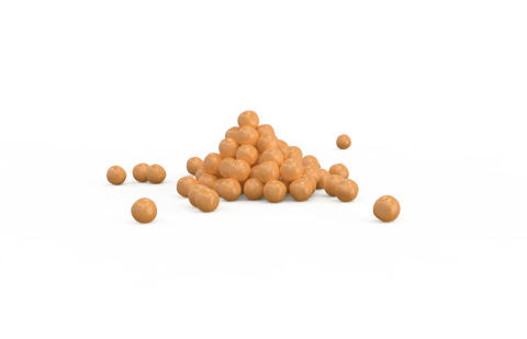 Piramide di sfere lucide color tan su sfondo bianco, con alcune sfere sparse intorno.