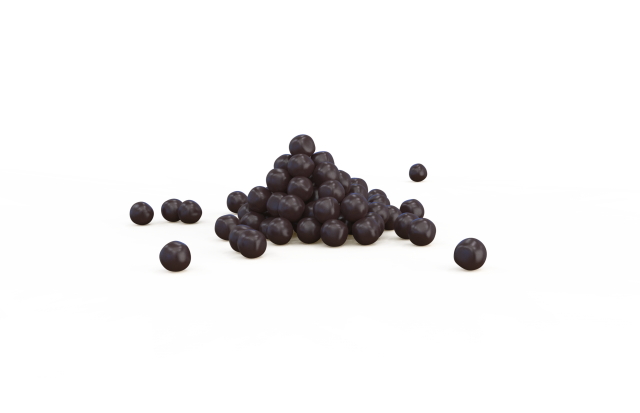 Piccolo mucchio di pallini rotondi viola scuro su sfondo bianco, con alcuni sparsi separatamente.