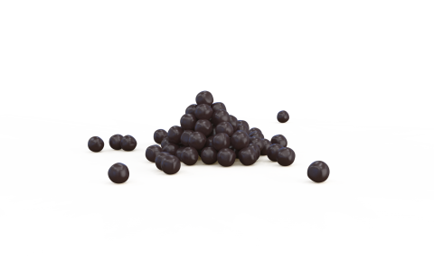 Piccolo mucchio di pallini rotondi viola scuro su sfondo bianco, con alcuni sparsi separatamente.
