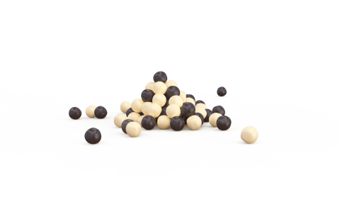 Cumulo di sfere color crema e marrone scuro, alcune sparse a parte, su sfondo bianco.