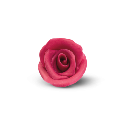 Rosa rosa scuro singola, probabilmente in pasta di zucchero o gum paste, su sfondo bianco.
