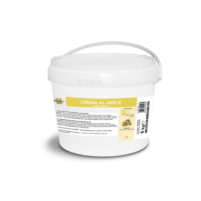 Secchiello bianco in plastica da 6 kg con manico, etichetta "Crema al Miele", per pasticceria professionale.
