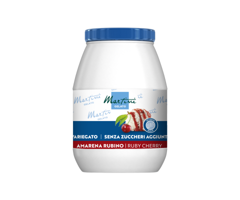 Vasetto di plastica bianco di gelato Martini con coperchio blu, etichettato Amarena Rubino Ruby Cherry, senza zuccher...