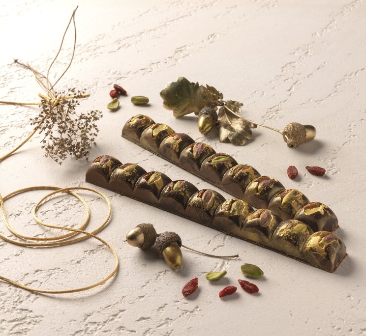 Due barrette di cioccolato con pistacchi e decorazioni dorate, tra ghiande e bacche su sfondo chiaro.