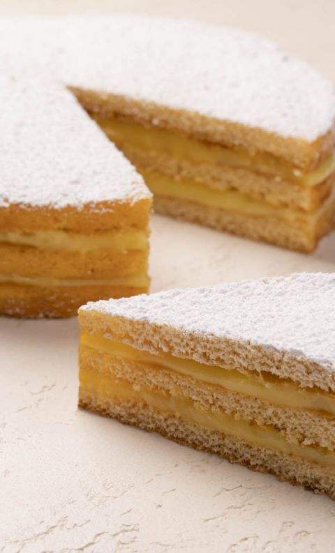 Torta rotonda a strati con crema, spolverata di zucchero a velo, con una fetta tagliata a fianco.